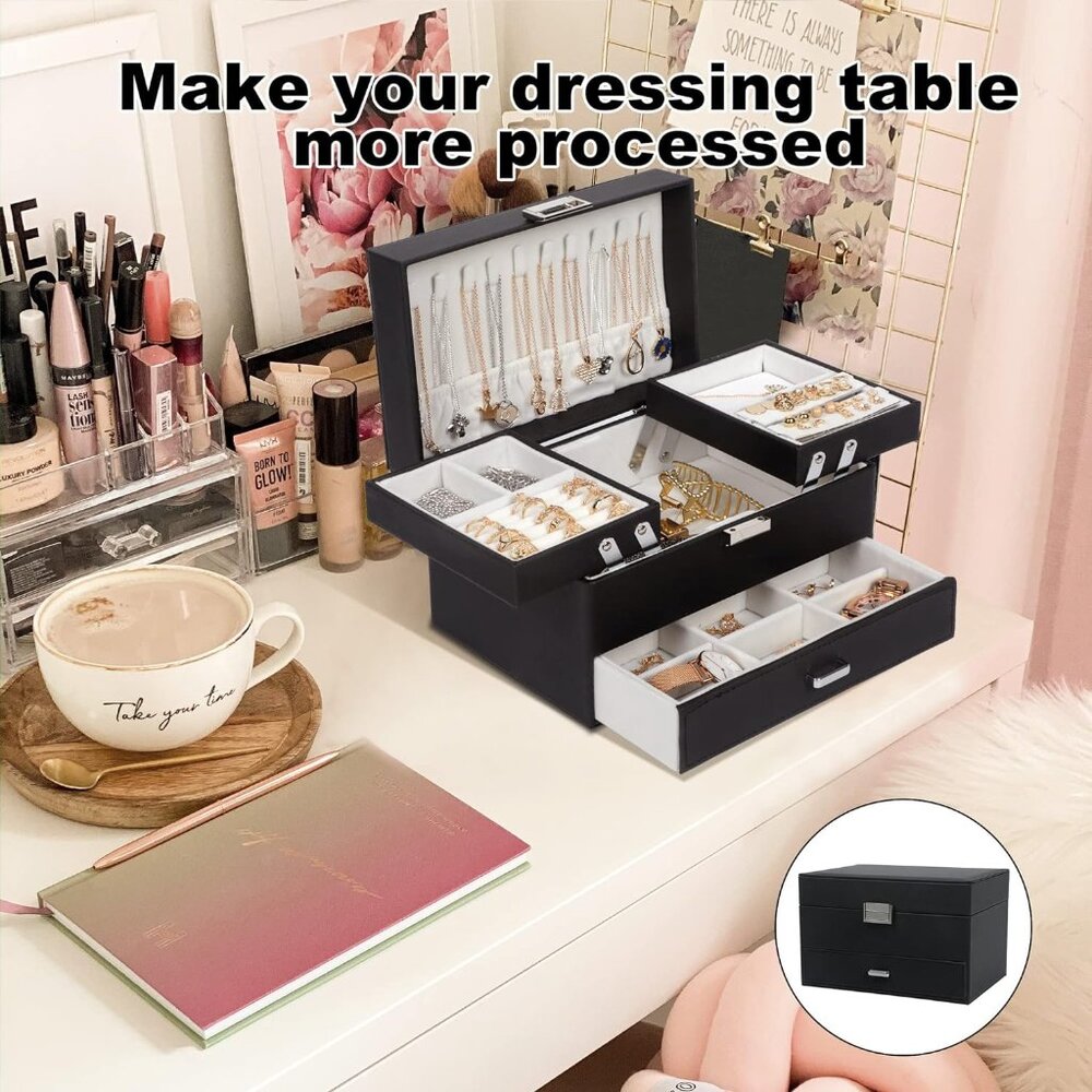 Jewelry Boxes for Women Girls, Jewelry Organizer Box, 3 Layers Jewelry Storage O - Picture 5 of 8